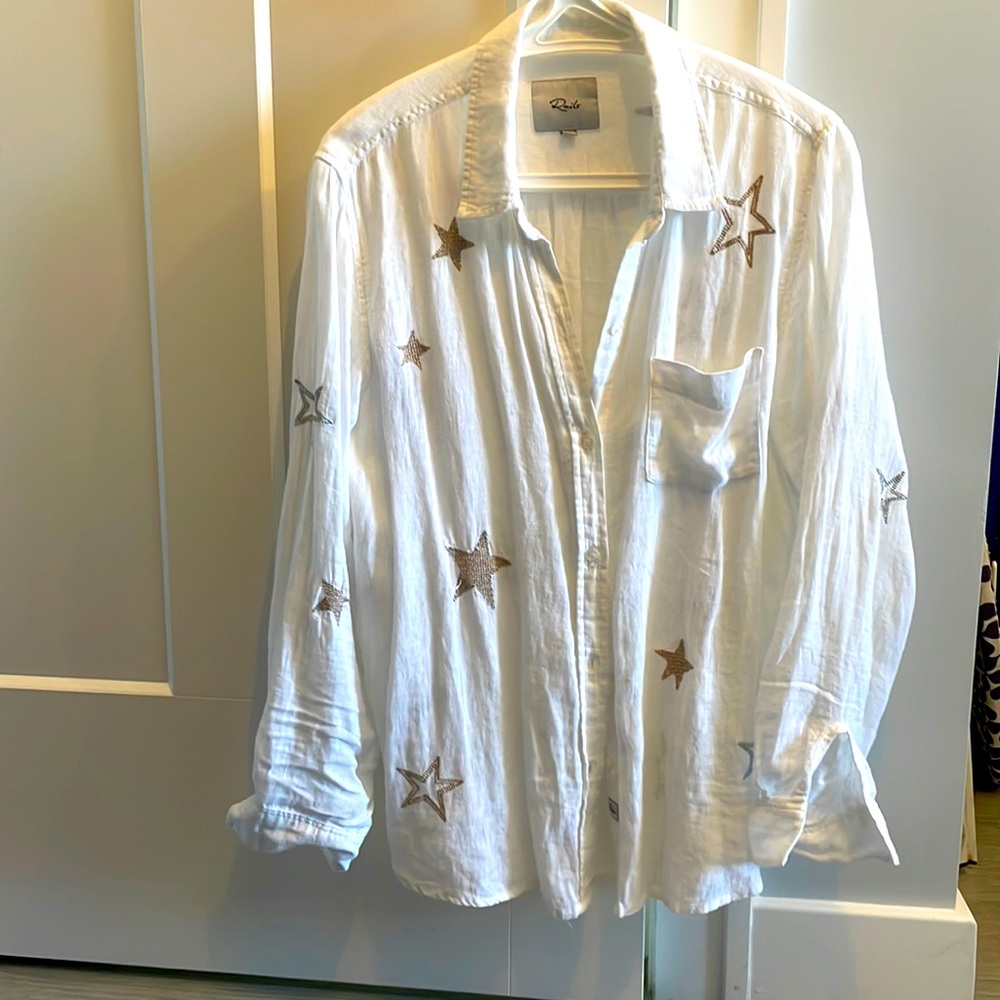 Rails linen Charlie shirt with embroidered metallic stars, size medium